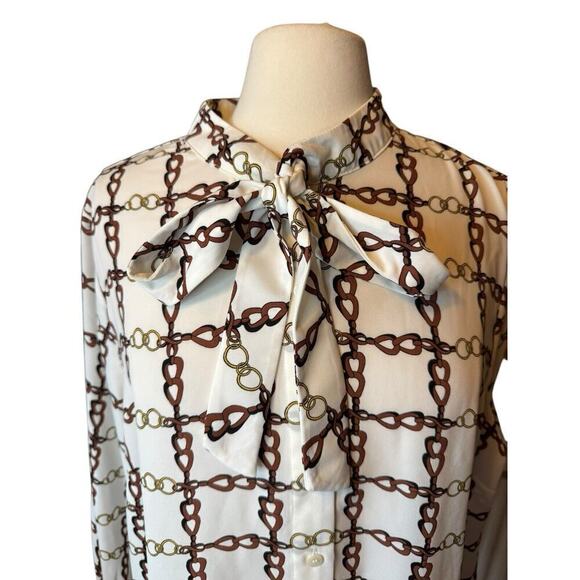 Talbots 2X Petite Crepe Tie Neck Blouse Chain Print Equestrian Long Sleeve - Picture 2 of 12